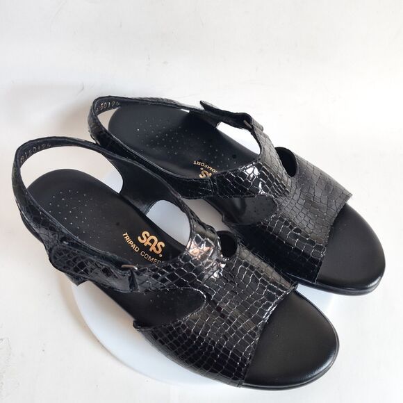 SAS Suntimer Patent Leather Tripad Comfort Black Croc Print Sandals 8.5 $155 USA - Picture 7 of 11
